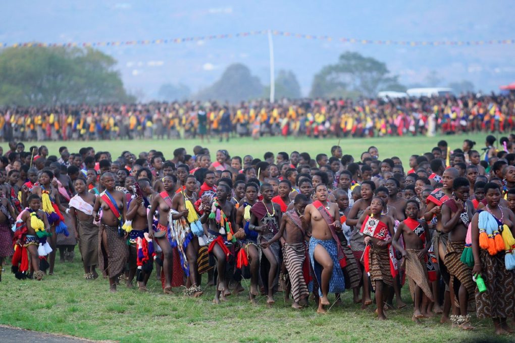 Reed dance ceremony near palace of Swazi King, Mswati III.